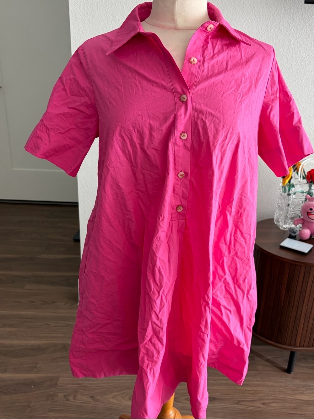 Anthropologie Bright Pink Short Sleeve Shirt Dress